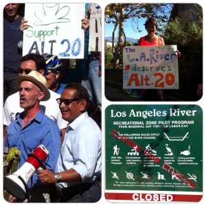 Saturday's rally brings Councilmembers O"Farrell (left) and Cedillo, to the bull horn in Marsh Park. (Jim Burns)
